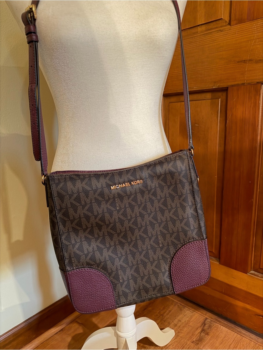 Michael Kors Brown Signature Crossbody with Plum Leather Accents
